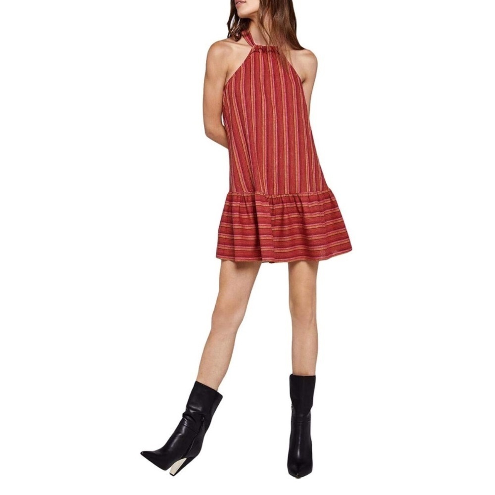 BCBGENERATION Women's Halter Tent Dress, Red/Multi Striped Size M